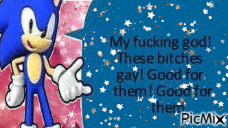 A sparkly .GIF image of the Sonic the Hedgehog saying 'My fucking god! These bitches gay! Good for them! Good for them.